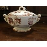 1st Period Belleek Wild Rose patterned eartenware lidded tureen. Brown stamp.