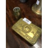 WWI. Queen Mary brass Christmas chocolate box and Trench Art money box.