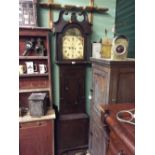 Early Victorian inlaid oak grandfather clock with painted arch dial {226cm H x 55cm W x 25cm D}.
