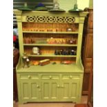 Painted pine dresser the superstructure with three shelves above a bread board three short drawers