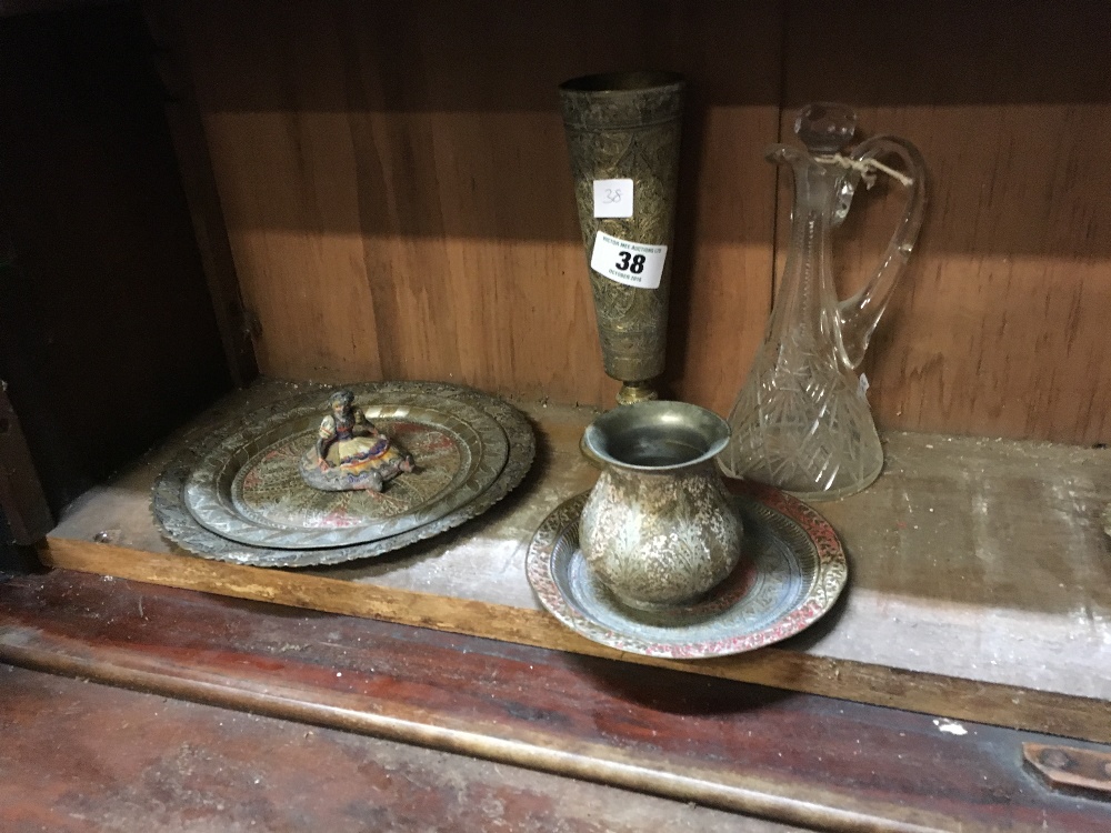 Misc. lot of Indian brass trays and vases.