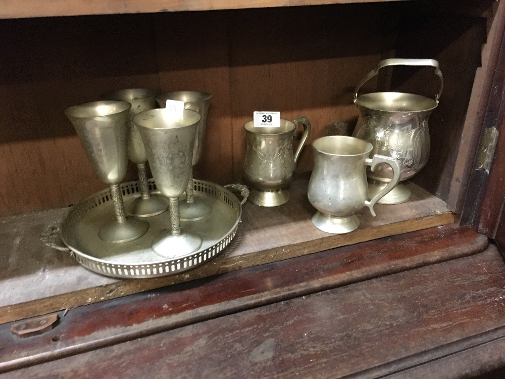Misc. lot of silver plate goblets, tray tankards and ice bucket.