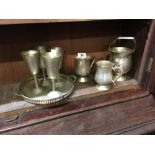 Misc. lot of silver plate goblets, tray tankards and ice bucket.