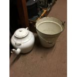 Large enamel teapot and bucket.