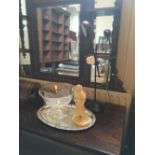 Desk lamp, lady figure, tray and glass bowl.