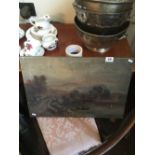 Victorian oil on canvas bridge scene paintings.