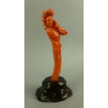 Scultura in corallo rosso raff. ''GUANYIN'', gr. 36 ca. Base in legno. Mis. Alt. cm. 10 ca.