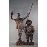 Due sculture in legno raff. ''DON CHISCIOTTE E SANCIO PANZA''. XX secolo. Difetti. Mis. Alt. cm. 120