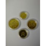 FOUR GILT BRITISH COINS INCLUDING 1/2 PENNY, 5 PENCE, PENNY,