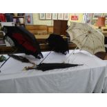 SIX VINTAGE PARASOLS-HORN HANDLE/SILVER COLLARED ,BLACK LINEN AND BRODERIE ANGLAISE FRINGED EXAMPLE,