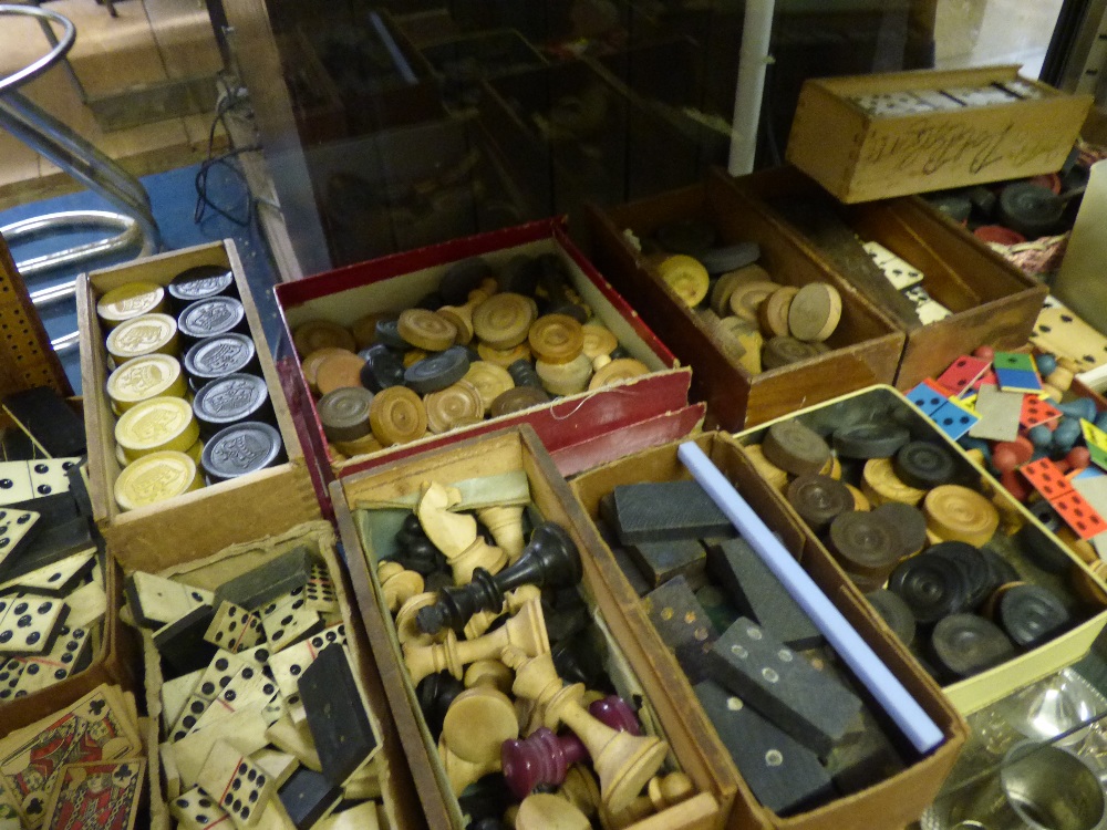 TWO SHELVES OF ASSORTED DOMINOES, PLAYING CARDS, CHESS PIECES, DRAUGHTS PIECES, CRIBBAGE BOARD, - Image 2 of 3