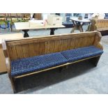 20TH CENTURY PITCH PINE CHURCH PEW 209CM X 86CM X 52CM APPROXIMATELY