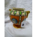 ROYAL WORCESTER SQUAT OVAL VASE WITH GILDED DETAIL WITH BIRDS IN ROUNDELS ON ORANGE GROUND,