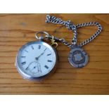 HM CHESTER SILVER CASED COVENTRY POCKET WATCH ON PLATED ALBERT CHAIN WITH SILVER FOB AND KEY