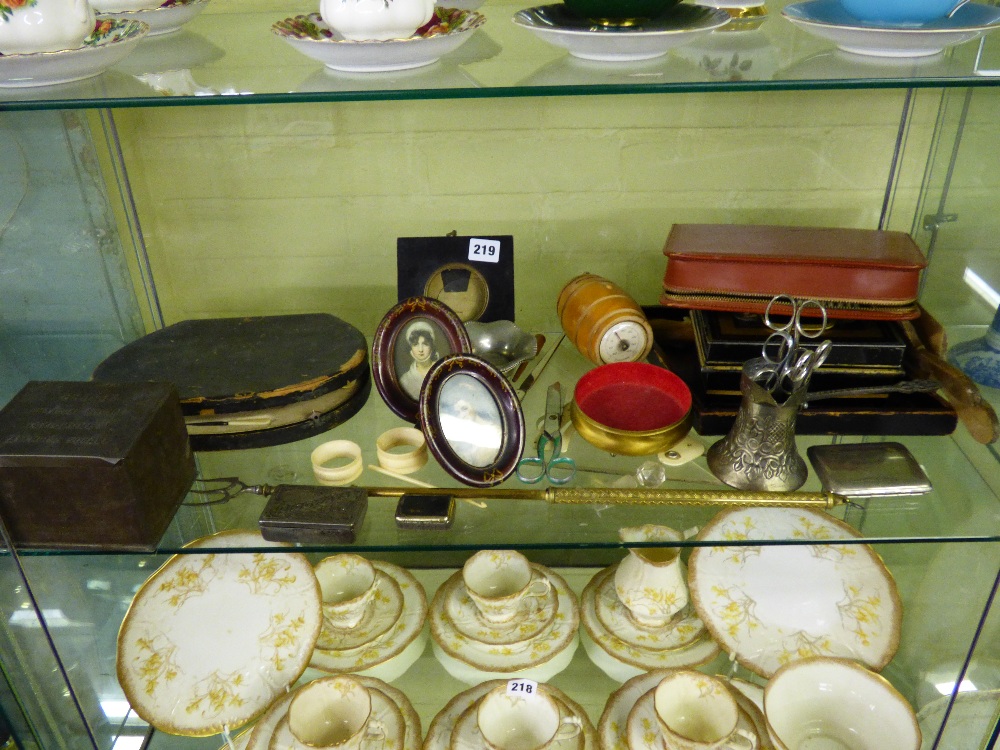 SHELF OF INTERESTING TINS, MANICURE SET, VANITY CASE,