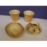 PAIR OF ROYAL WORCESTER BLUSH IVORY TAPERED BASKET WEAVE POTS AND SIMILAR DISH AND A POT POURRI