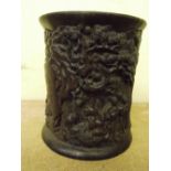 CHINESE CARVED HARDWOOD BRUSH POT WITH FIGURES ON HORSEBACK,