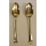 A PAIR OF HM LONDON SILVER EARLY GEORGIAN TABLE SPOONS. MONOGRAMMED TO HANDLE.
