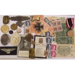 ENAMEL TIN OF ORIGINAL AND REPRODUCTION GERMAN WWII MEDALS INCLUDING SILVER 1939 CROSS,