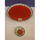 ROYAL WORCESTER COMPORT AND PINDISH WITH BLACK AND WHITE FLORAL PATTERN ON ORANGE GROUND A/F