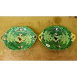 TWO MAJOLICA FERN LEAF SHAPED DISHES WITH HANDLES 30CM APPROX
