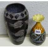 C H BRANNAM 1885 STONEWARE VASE WITH FLARED NECK A/F AMD POLISHED OVOID VASE WITH INCISED FISH AND