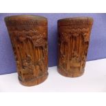 PAIR OF 20TH CENTURY BAMBOO CARVED BRUSH POTS WITH LIDS,