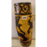 CORNISH CELTIC POTTERY CYLINDRICAL VASE DECORATED WITH MYTHICAL BEASTS ON OCHRE GROUND