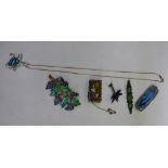 CHINESE CABOCHON BAR BROOCH A/F, SILVER BACKED GRAPE LEAF ENAMEL BROOCH,