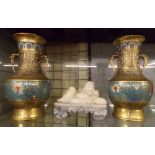 PAIR OF CHINESE METALWARE AND CLOISONNE BALUSTER VASES WITH ELEPHANT HEAD HANDLES AND A MARBLE