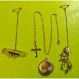 9CT GOLD CIRCULAR LOCKET,9CT GOLD STONE SET CROSS ON TRACE CHAIN,9CT GOLD BOW TIED BAR BROOCH,