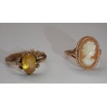 9CT GOLD OVAL CAMEO SET DRESS RING AND 9CT GOLD MARQUISE CITRINE SET DRESS RING 5.