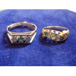 LADIES 9CT GOLD EMERALD AND DIAMOND CHIP RING AND VICTORIAN GOLD CROSSOVER RING 6.