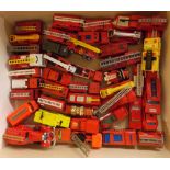 TRAY OF UNBOXED SLIGHTLY WORN FIRE ENGINES AND TRUCKS BY VARIOUS MAKERS