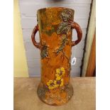 LONGWAY POTTERY TWIN BRANCH HANDLED CYLINDRICAL VASE MOULDED AS TREE TRUNK