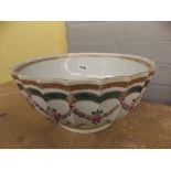 18TH CENTURY RIBBED PANEL PUNCH BOWL DECORATED WITH FLOWERS 30CM DIAMETER