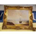 20TH CENTURY OIL ON CANVAS BEACH SEASCAPE WITH FIGURES SIGNED FRAMED 58 X 45CM