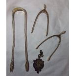 HM SILVER TONGS TWO SILVER WISHBONES AND SILVER MEDALLION FOB