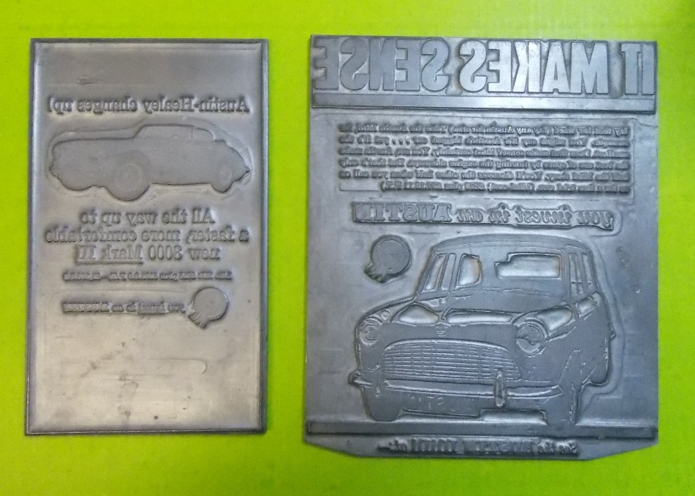 TWO LEAD PRINTING BLOCKS - MINI CAR AND AUSTIN HEALEY