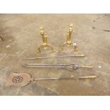 19TH CENTURY GOTHIC REVIVAL PAIR OF ANDIRONS AND POLISHED STEEL FIRE TOOLS 33CM H