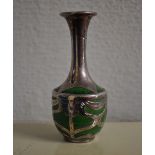 UNMARKED WHITE METAL OVERLAY BALUSTER VASE ON A GREEN GROUND 9CM HIGH