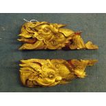 PAIR OF CARVED WOODEN GILT POLYCHROME FIERCE DRAGON FIGURES 25CM