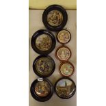 FIVE PRATT WARE POT LIDS IN ROUNDELS INCLUDING HIDE AND SEEK, FISHMONGER, SCENES AFTER TENIERS,