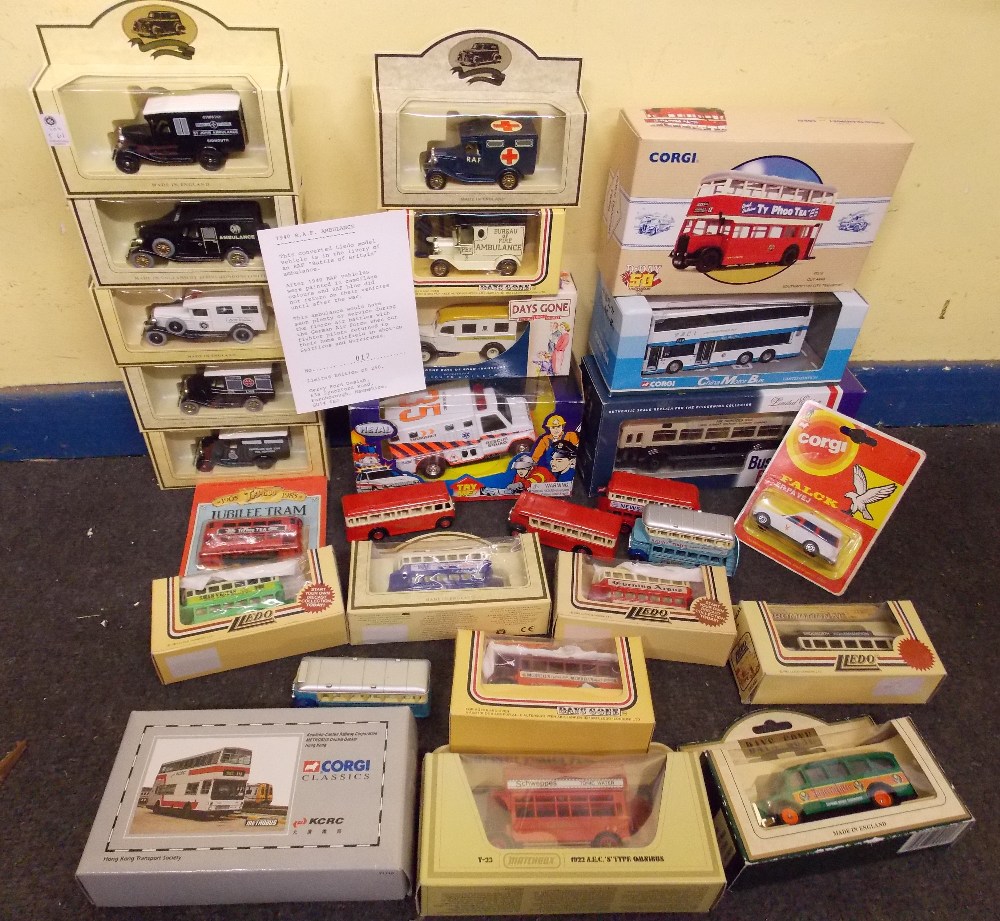 BOX OF MISCELLANEOUS BOXED DIECAST MODELS - BUSES, AMBULANCES, ETC BY CORGI,