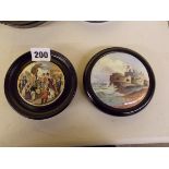 PRATT POT LID THE BEAR BAITING IN ROUNDEL AND SANDOWN CASTLE KENT IN ROUNDELS 8 & 9CM RESPECTIVELY