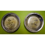 PAIR OF SHEFFIELD SILVER CIRCULAR PIN DISHES WITH JAPANESE IVORY AND SHIBYAMA PANELS A/F 9CM