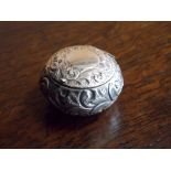 BIRMINGHAM SILVER CIRCULAR BOX EMBOSSED WITH SCROLL AND WITH PLAIN CARTOUCHE