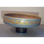 STUDIO POTTERY RAISED BOWL BY MARY RICH GILT LOZENGE DESIGN ON POWDER BLUE GROUND 15CM DIAMETER