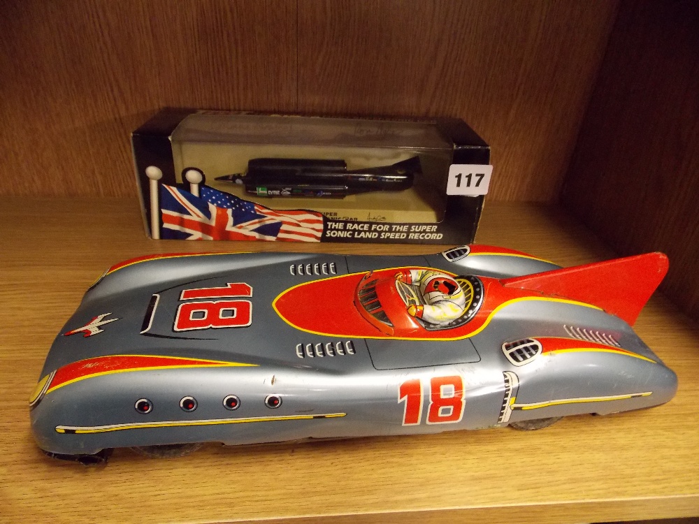 TIN PLATE CAR A/F AND A THRUST SSC DIECAST SUPERSONIC CAR BY LLEDO