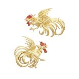 PAIR OF ITALIAN 18K YELLOW GOLD PINS formed as fighting roosters and each decorated with enamel
